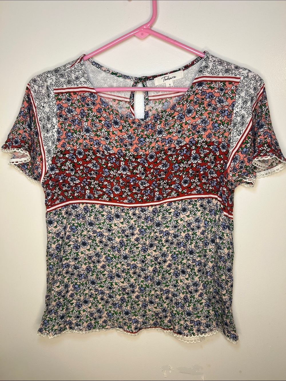 Takara Red Multi Floral Patchwork Short Sleeve Top